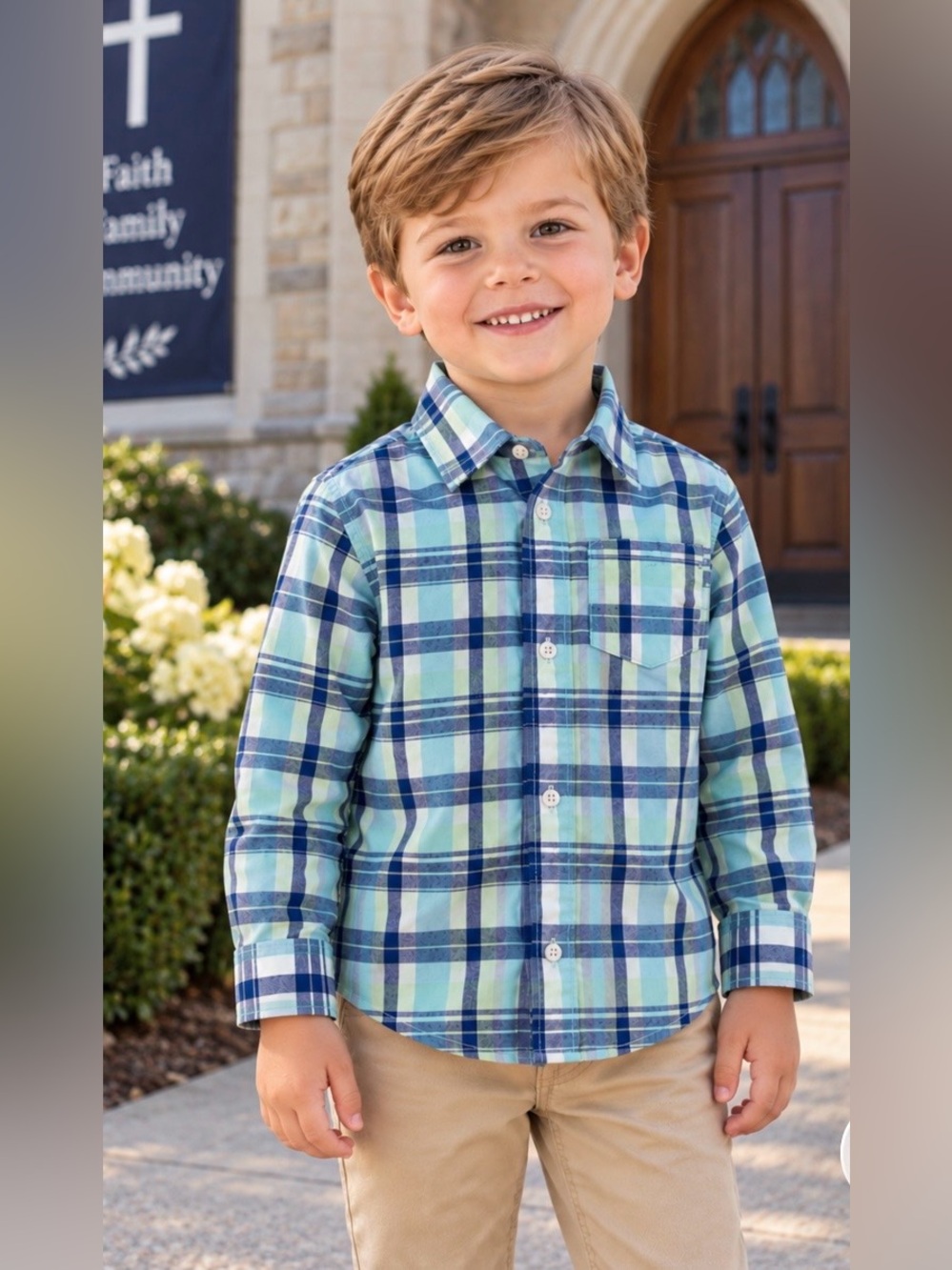 Gymboree Boys Plaid Button Down Shirt Blue Green Navy Long Sleeve